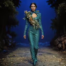 a woman walking down a dirt road in a green outfit