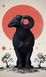 a painting of a ram standing in front of a red circle