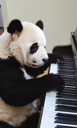 the panda bear has a band on his neck