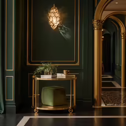 a chair, table and two lamps inside a room
