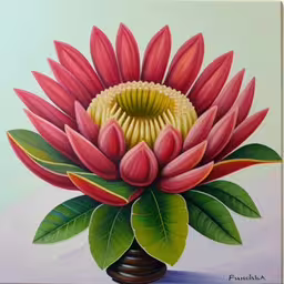 a painting of a pink flower in a vase,this is a painting of a flower in a vase