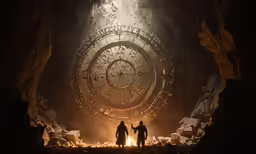two people holding hands walking into a giant clock