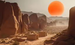 an orange eclipse over some rocks and mountains
