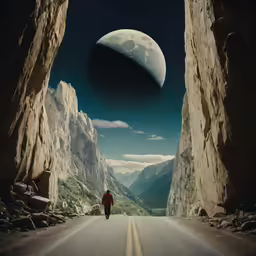 a man in red jacket walking into tunnel with mountain view