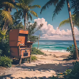 a sandy beach next to trees with ocean in the background