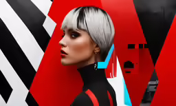 a woman in black and red with silver bob