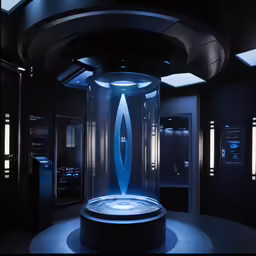 a dark, modern space setting features a futuristic room with a glass cylinder and a circular display of objects