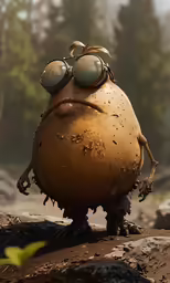 a large, rusty object wearing goggles sits on the ground