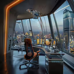a large office in a tall building with high - rise buildings surrounding it,the sky deck at the top of the empire building is incredible