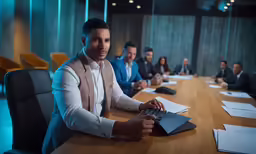 young adult business man in business attire using a laptop computer during meeting