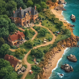 an illustration of an old farmhouse on the shore