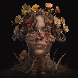 a woman is covered in flowers and has her head in the air
