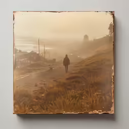 a person in a brown coat walking along the dirt road
