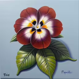 the painted image depicts a flower on an blue background,an image of a painting of a flower