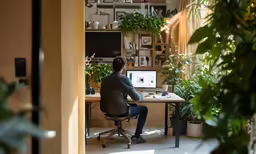 a man sitting at a desk in front of a computer monitor