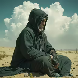 an older man wearing green is sitting in the sand