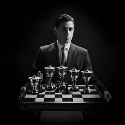 a man holding up a chess board with trophies