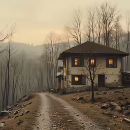 an old house on the side of a trail with its doors open