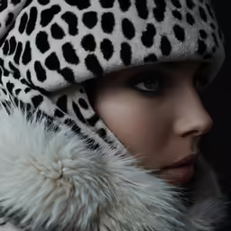 a woman in a leopard print jacket with fur