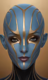 a digital painting of a woman with blue and gold body paint