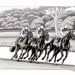 three horses racing around a track while one is black and white,a drawing of a horse race with three jockeys riding on the horses