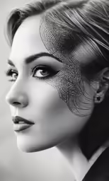 a woman with a black and white photo over her face