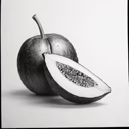 a black and white picture of a figurine with a cut open figurine on the inside