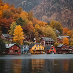an alpine lake surrounded by trees with yellow and red colors
