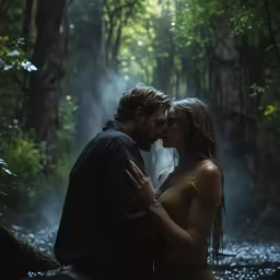 the young couple is standing in the water together