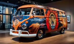 an orange and blue van is on display at the museum