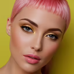 a woman with pink hair wearing gold eyeliner and makeup
