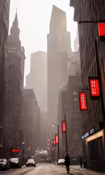 a man walks on an empty street near tall buildings