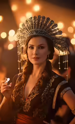 a woman in elaborate costume holding a cigarette
