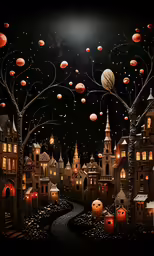 a painting of a town street at night