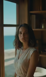 a woman standing in front of a window looking into the camera