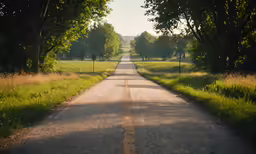 the sun is shining on an empty dirt road