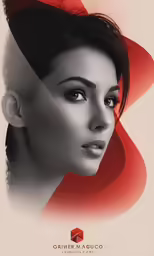 a woman in black and white with a red design
