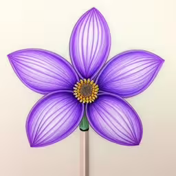a blue flower with leaves on a stick,a purple flower made with crochet,a close up image of an object made of purple organine,the purple flower is attached to a white wall,a close up of an artistic looking flower