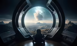 a person sitting in a chair near a window in the sky
