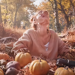 a woman sitting in the leaves next to a lot of pumpkins