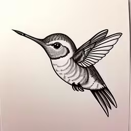 a hummingbird is flying in the sky with a white background,the black and white humming bird is flying