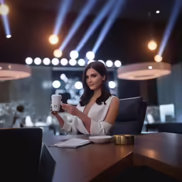 a woman in a white shirt is holding a cup