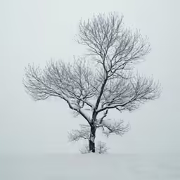 a bare tree stands alone in a snow covered landscape