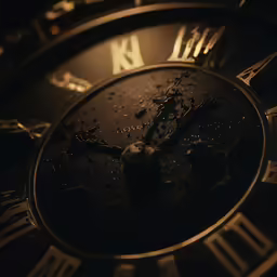 the face of the clock is covered with droplets