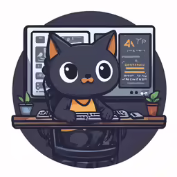a black cat with orange shirt sitting at a desk