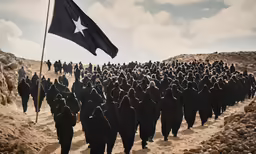 a group of men walk down the road, holding a large flag