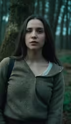 a woman with a backpack walking in a forest