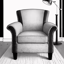 a small armchair sitting in a room with a lamp next to it