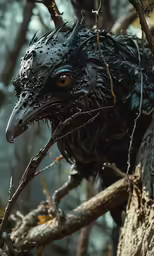 a very strange looking bird hanging on a tree