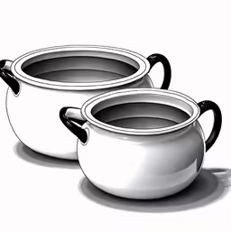 two white soup pots with handles and handles